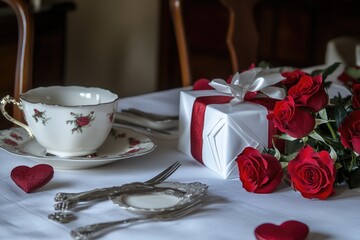 Aufkleber - A white table with a gift box and red roses, perfect for romantic occasions or special gifts