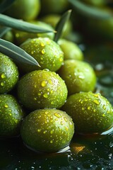 Poster - A close-up shot of green olives with visible water droplets