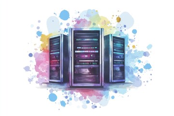 Poster - A row of servers with colorful spots on them, often used in IT and technology settings