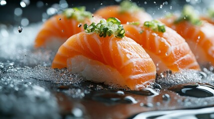 Wall Mural - Savor fresh salmon sushi with vibrant garnishes in an elegant dining setting