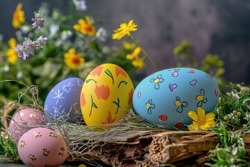 Colorful eggs on a woven basket, ideal for spring or Easter themes