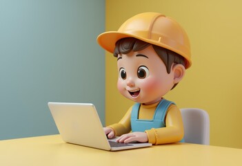 Aufkleber - A 3D cartoon boy wearing a yellow hard hat uses a laptop.