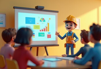Poster - A cartoon worker presents a business graph to his team.
