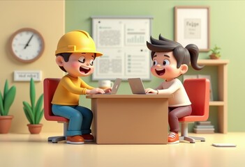 Poster - Two cartoon characters working on laptops together