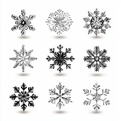 Poster - A stunning collection of nine intricately designed black and white snowflakes, showcasing unique patterns.