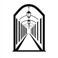 Poster - A minimalist black and white illustration of a corridor with hanging lanterns, creating a sense of depth and perspective.
