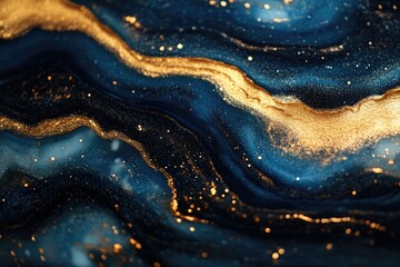 Poster - A close-up view of a beautiful blue and gold fluid painting, perfect for art or design inspiration
