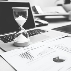Poster - An hourglass sits on a modern desk beside spreadsheets and a laptop, symbolizing the passage of time in business.