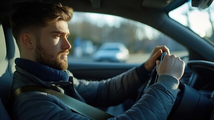 Poster - A person sitting in a car holding a cell phone, possibly distracted while driving