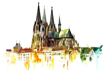 Aufkleber - A beautiful watercolor depiction of a large cathedral with intricate details and stunning architecture