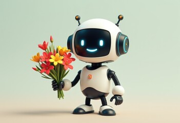 Poster - A friendly robot holding a bouquet of flowers  a charming gesture.