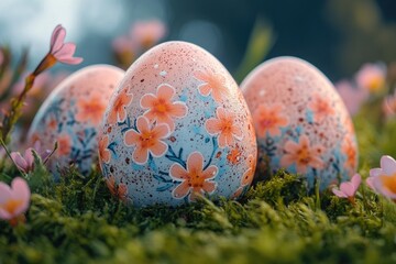 Poster - Three painted Easter eggs sit on top of a lush green field, perfect for springtime or Easter-themed projects