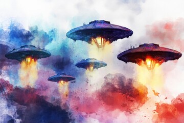 Poster - Aerial view of multiple flying saucer crafts hovering above a clear blue sky, with some appearing to be landing or taking off