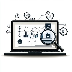 Poster - A digital workspace featuring a laptop displaying data analytics charts with a magnifying glass symbolizing analysis.
