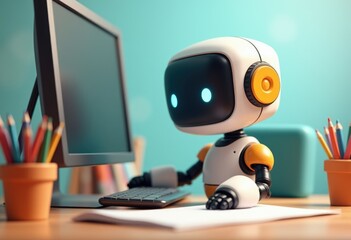 Aufkleber - A white and yellow robot sits at a desk using a computer.