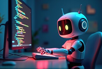 Poster - A white robot is coding on a computer with colorful code.