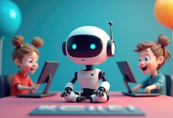Poster - A cartoon robot sits at a table with two children  each using a laptop.