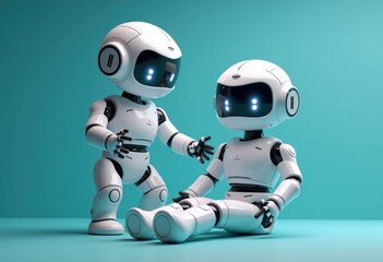 Poster - Two white robots  one standing and one sitting  on a blue background.