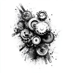 Poster - An intricate composition of interlocking gears in black and white, showcasing mechanical elegance and complexity.