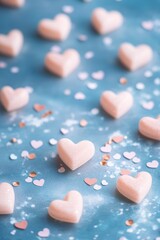 Aufkleber - A collection of tiny pink hearts scattered on a bright blue background