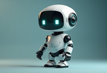 Poster - A white and black robot with glowing blue eyes stands on a light blue background.