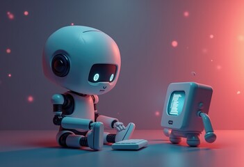 Poster - A cute robot sits on the floor and uses a keyboard in front of a retro computer.