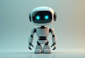 Poster - A white robot with blue eyes stands against a light blue background.