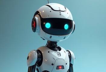 Poster - A white robot with glowing blue eyes looks directly at the camera.