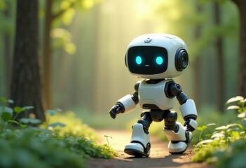 Poster - A cute white robot walks on a path in a forest.