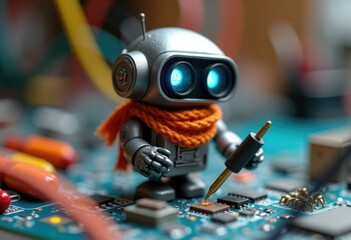 Poster - A small robot wearing an orange scarf works on a circuit board.