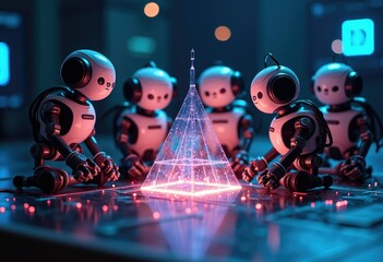 Poster - Robots collaborate around glowing pyramid in futuristic scene.