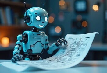Poster - A blue robot with large eyes and a friendly face examines a blueprint.