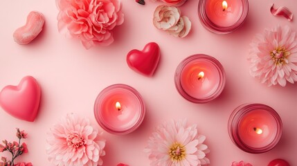 Poster - Pink candles and pink flowers on a pink background