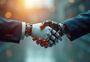 Poster - A human and robot shake hands  symbolizing collaboration and the future of technology.