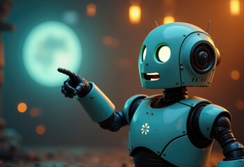 Poster - A teal robot with glowing eyes points its finger towards a blurry light in the background.