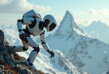 Poster - A white robot stands on a snowy mountain peak  looking down at the vast  snowy landscape.
