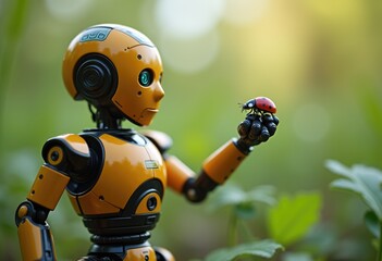 Poster - A yellow robot holds a ladybug in its hand  surrounded by green foliage.