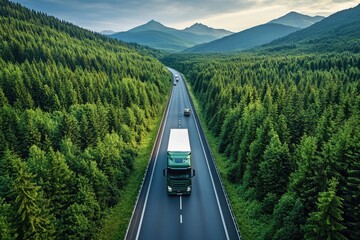 Wall Mural - A truck travels along a winding road surrounded by dense trees and foliage