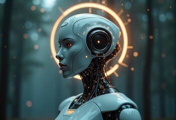 Aufkleber - A white female humanoid robot with glowing orange eyes stands in front of a glowing halo.