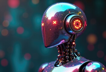 Poster - A close up of a metallic robot's head with glowing red eyes and a circular light.