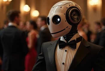 Poster - A humanoid robot in a tuxedo  attending a formal event.