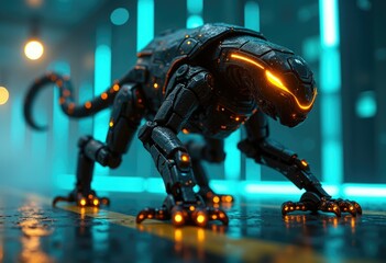 Poster - A robotic creature with glowing orange eyes crouches in a futuristic setting.