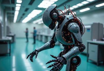 Aufkleber - A futuristic robot with glowing lights stands in a sterile laboratory.