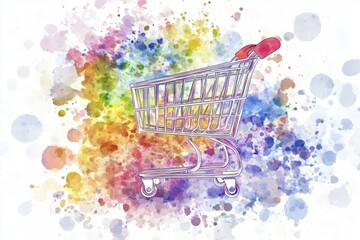 Poster - A shopping cart illustration on a colorful watercolor background