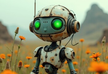 Poster - A rusty robot with green eyes stands in a field of orange flowers.