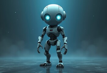 Poster - A small  white robot with glowing blue eyes stands on a blue surface.