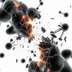 Poster - An abstract depiction of broken black molecules with glowing orange cracks, creating a dynamic and striking visual effect.