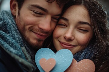Poster - A loving couple embracing with a heart-shaped object, symbolizing their love