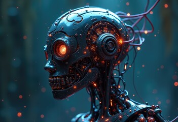 Poster - A close up of a robotic head with glowing orange lights.