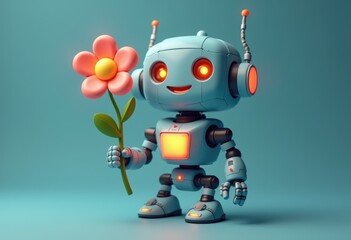 Poster - A friendly blue robot holds a pink flower  a cute and charming image.